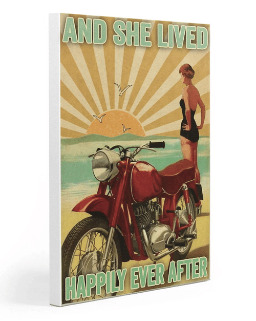 Biking Canvas A Girl Stand On The Beach And The Motorbike, She Lived Happily Ever After Canvas - spreadstores