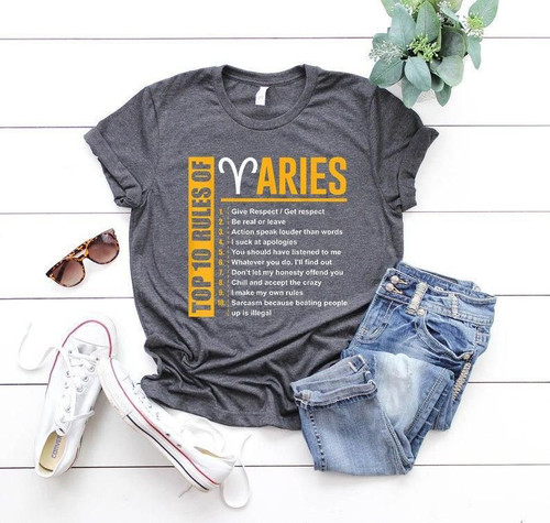 Aries Shirt, Aries Zodiac Sign, Astrology Birthday Shirt, Gift For Her, Top 10 Rules Of Aries Unisex T-Shirt - spreadstores