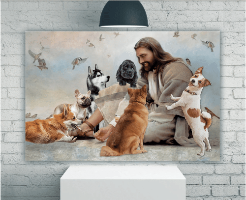 Christian Wall Art, Dogs Wall Art, God Surrounded By Dogs Angels Canvas, Gift For Dog Lovers - spreadstores