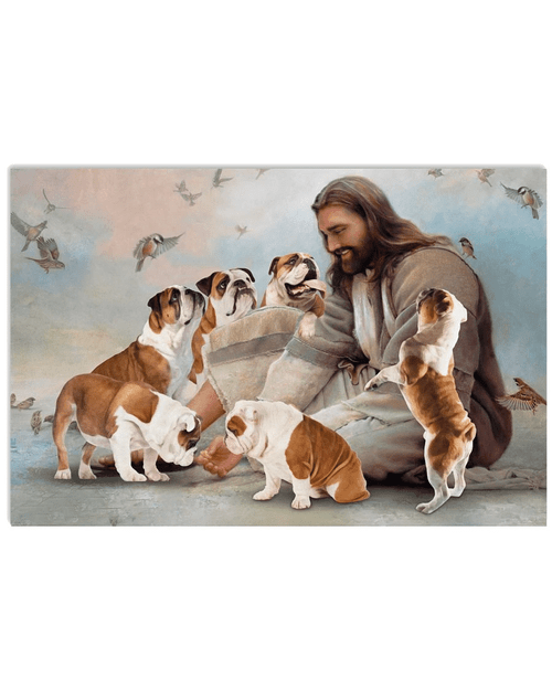 Christian Wall Art, Dog Wall Art, God Surrounded By English Bulldog Angels Gift For You Canvas - spreadstores