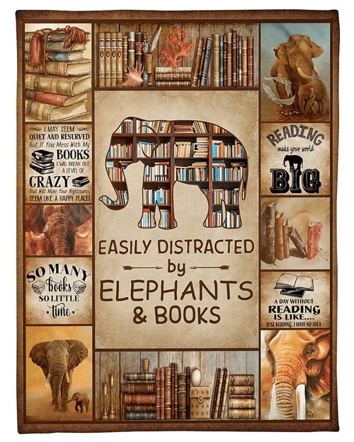 Easily Distracted By Elephants And Books Fleece Blanket, Birthday's Gift - Spreadstores