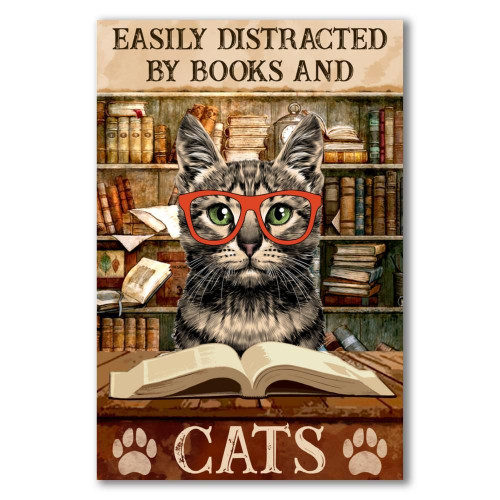 Funny Cat Wall Art Canvas Easily Distracted By Books And Cats, Gift For Cat's Lovers, Love Reading Canvas - Spreadstores