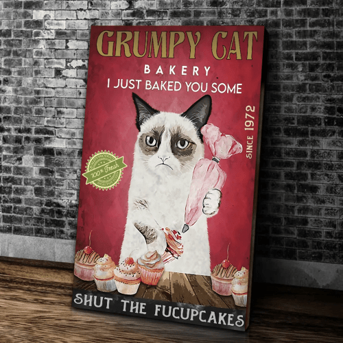 Funny Cat Canvas Grumpy Cat Bakery Fucupcakes Canvas, Gift Ideas For Cat Lovers, Love Baking Wall Art - Spreadstores