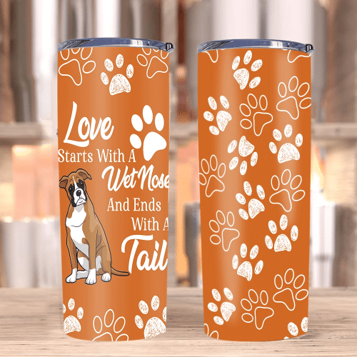 Dog Tumblers, Boxer Dog Tumbler, Gifts For Dog Lover, Love Starts With A Wet Nose Skinny Tumbler - Spreadstores