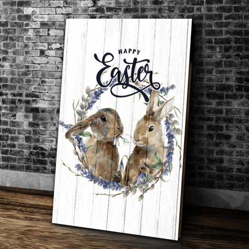 Happy Easter Day, Couple Rabbit Flower Frame Canvas, Easter Bunny Canvas, Wall Art Home Decor - Spreadstores
