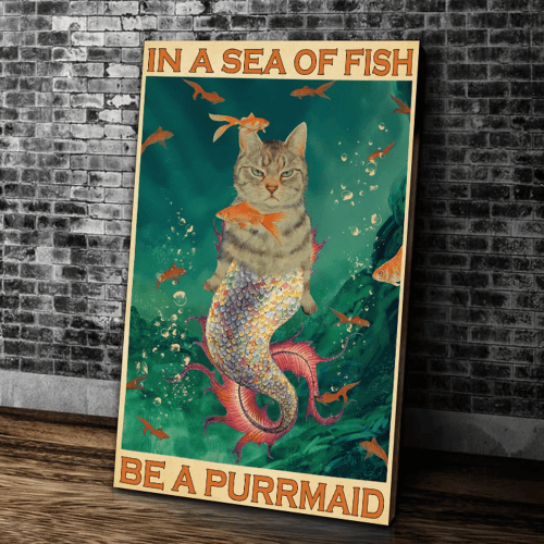 In A Sea Of Fish Be A Purrmaid Cat Matte Canvas - Spreadstores