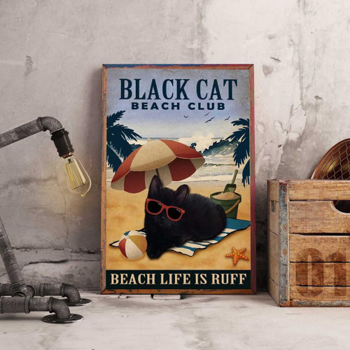 Love Cat Canvas, Cat Beach Summer Wall Art, Black Cat Beach Club Beach Life Is Ruff Vintage Canvas, Funny Cat Lover Gift - Spreadstores