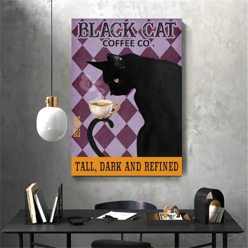 Love Cat Canvas, Black Cat Coffee Co. Tall Dark And Refined Canvas, Cat And Coffee Vintage Wall Art, Gift For Cat Lovers - Spreadstores