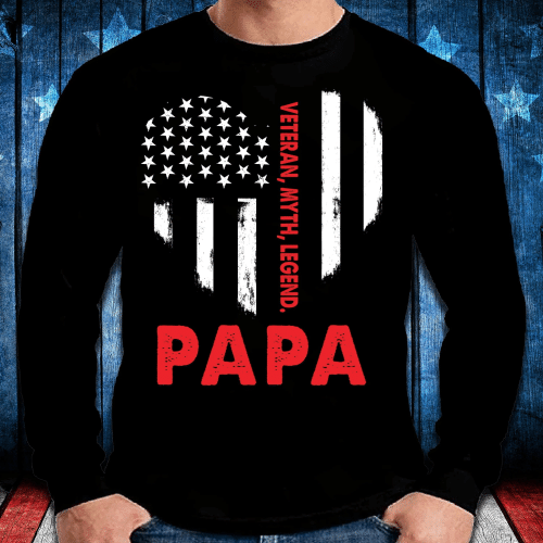 Veteran Long Sleeve, Father's Day Gift Ideas, Daddy Shirt, Veteran Myth Legend Papa Heart USA Flag Long Sleeve - Spreadstores