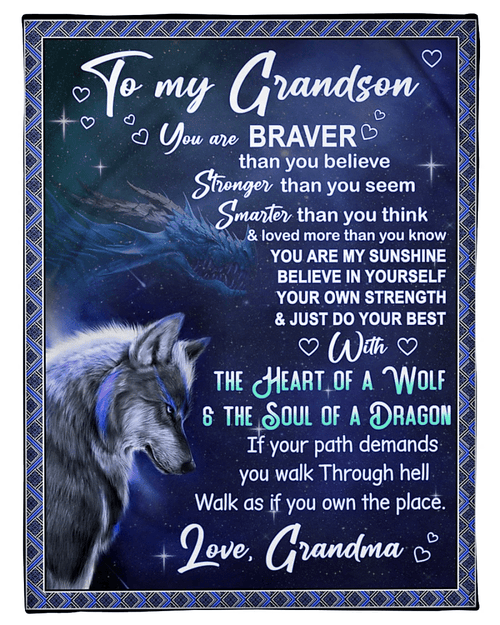 Wolf Grandson Blanket You Are Brave Than You Believe, Gift For Grandson From Grandma Fleece Blanket - Spreadstores