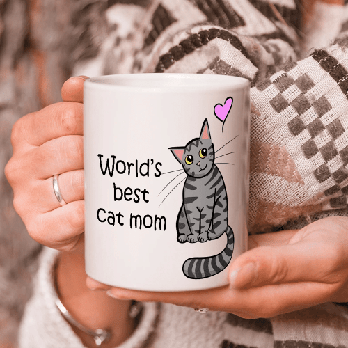 World's Best Cat Mom Mug With An Grey Tabby Cat Illustration - Crazy Cat Lady Mug - Spreadstores
