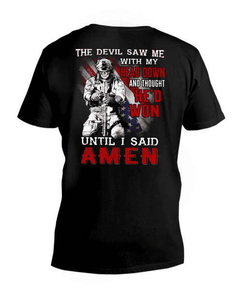 Veterans Shirt - The Devil Saw Me With Head Down And Thought He'd Won Until I Said Amen HD V-Neck T-Shirt - Spreadstores
