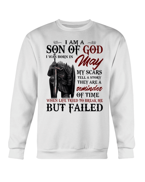 Veterans Shirt - I Am A Son Of God I Was Born In May My Scars Tell A Story Crewneck Sweatshirt - Spreadstores