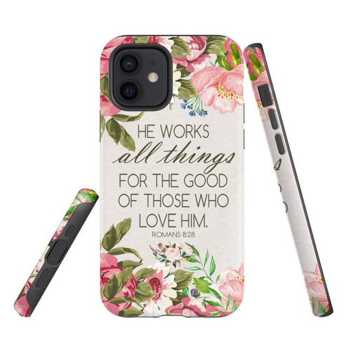 He works all things for good Romans 8:28 Bible verse Christian phone case, Jesus Phone case, Bible Phone case