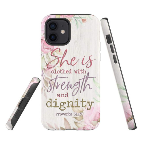 She is clothed with strength and dignity Bible verse Christian phone case, Faith phone case, Jesus Phone case, Bible Phone case - Tough case