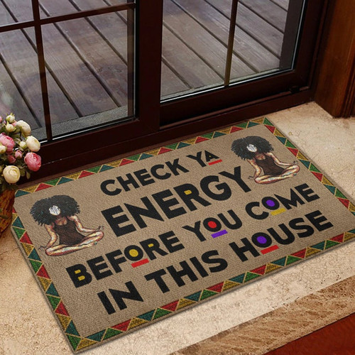 Black Girl Doormat, Yoga Black Girl Doormat, Funny Doormat, Yoga Welcome Mat, Check Ya Energy Doormat - spreadstores