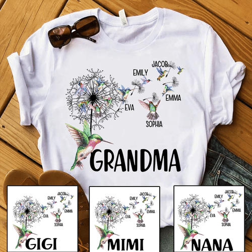 Custom Shirt, Grandma Shirt, Grandma And Grandkids Hummingbird Dandelion Flowers T-Shirt KM0906 - spreadstores