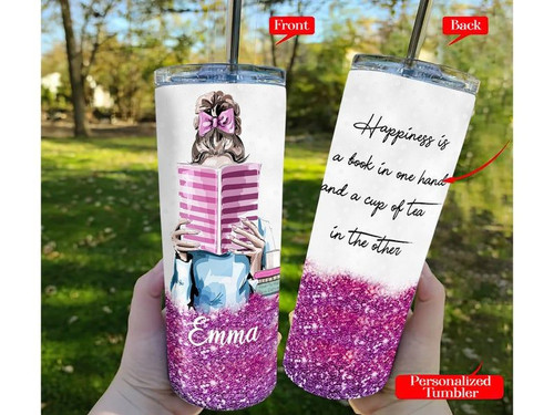 Personalized Tumbler Happiness Is A Book In One Hand, Best Friends Gifts, Gift For Book Lovers Skinny Tumbler - Spreadstores