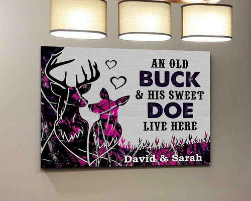 Personalized Name Canvas, An Old Buck And His Sweet Doe Live Here Canvas, Deer Couple Canvas - Spreadstores