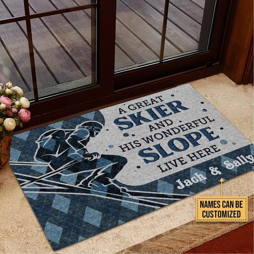 Skiing Welcome Mat, Personalized Skiing Great Skier And Wonderful Slope Live Here Customized Doormat, Home Decor - Spreadstores