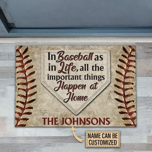 Baseball Family Welcome Mat, Personalized Baseball Happen At Home Custom Doormat, Home Decor - spreadstores