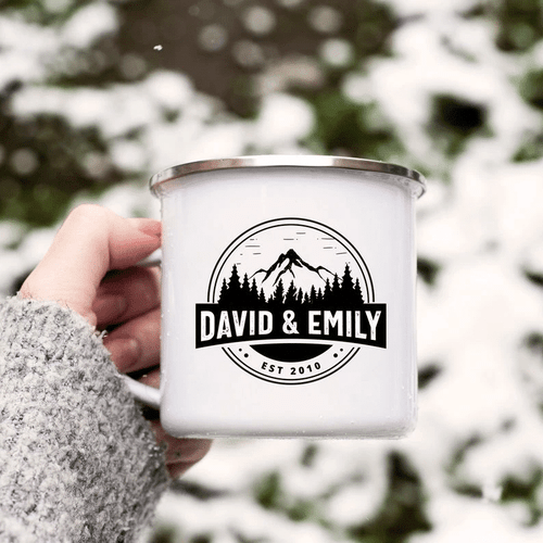 Campfire Mug, Personalized Camper Mug, Couple's Anniversary Mug With Adventure Logo, Wedding Gift Enamel Mug - spreadstores