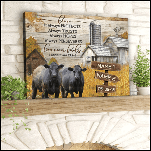 Personalized Canvas, Gift For Him, Gift For Her, Cow Couple Love Never Fails Custom Name And Date Canvas - Spreadstores