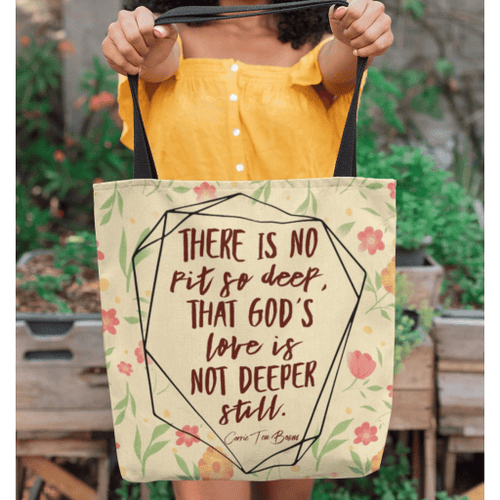 There is no pit so deep that God's love is not deeper still tote bag - Jesus Tote bag, Christian Tote bag, Bible Tote bag - Spreadstore