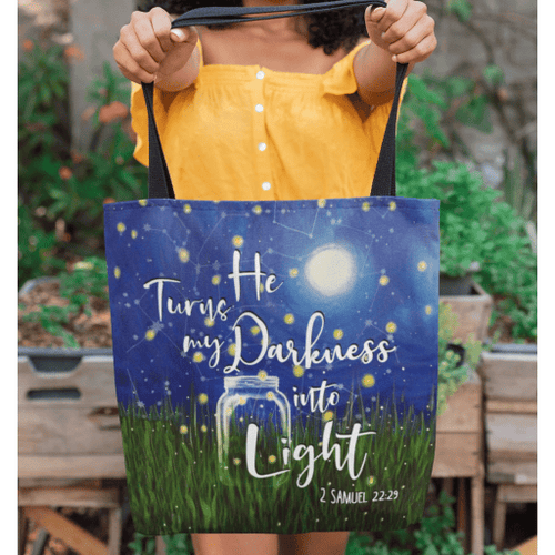 He turns my darkness into light 2 Samuel 22:29 tote bag - Jesus Tote bag, Christian Tote bag, Bible Tote bag - Spreadstore