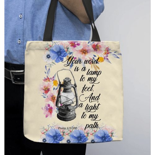 Psalm 119:105 Your word is a lamp to my feet And a light to my path tote bag - Jesus Tote bag, Christian Tote bag, Bible Tote bag - Spreadstore