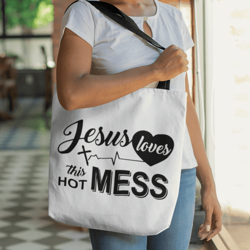 Jesus loves this hot mess tote bag - Jesus Tote bag, Christian Tote bag, Bible Tote bag - Spreadstore