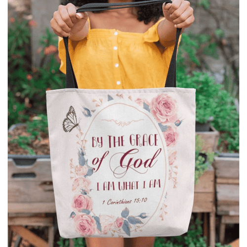 By the grace of God I am what I am 1 Corinthians 15:10 tote bag - Jesus Tote bag, Christian Tote bag, Bible Tote bag - Spreadstore