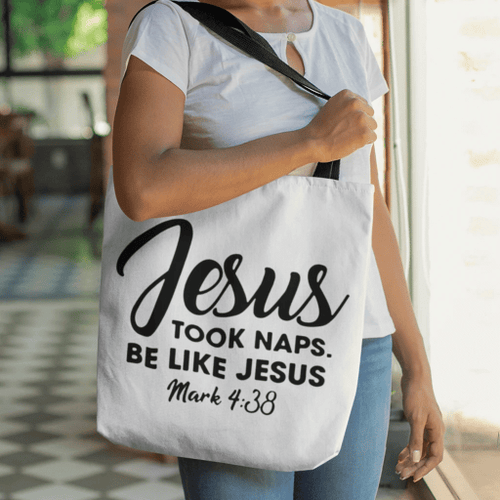 Jesus took naps be like Jesus Mark 4:38 tote bag - Jesus Tote bag, Christian Tote bag, Bible Tote bag - Spreadstore