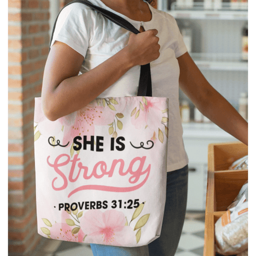 She is strong Proverbs 31:25 tote bag - Jesus Tote bag, Christian Tote bag, Bible Tote bag - Spreadstore