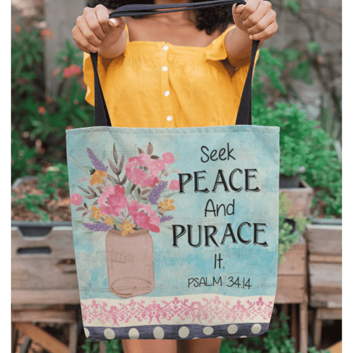 Seek peace and pursue it Psalm 34:14 tote bag - Jesus Tote bag, Christian Tote bag, Bible Tote bag - Spreadstore
