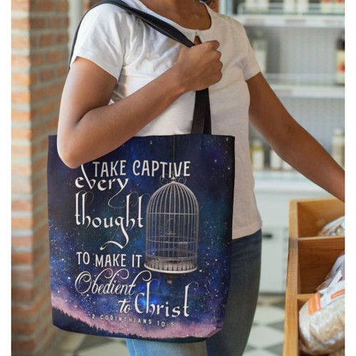 Take captive every thought to make it obedient to Christ 2 Corinthians 10:5 NIV tote bag - Jesus Tote bag, Christian Tote bag, Bible Tote bag - Spreadstore