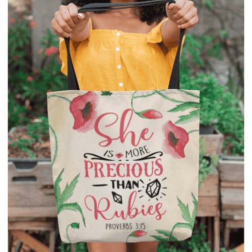 She is more precious than rubies Proverbs 3:15 tote bag - Jesus Tote bag, Christian Tote bag, Bible Tote bag - Spreadstore
