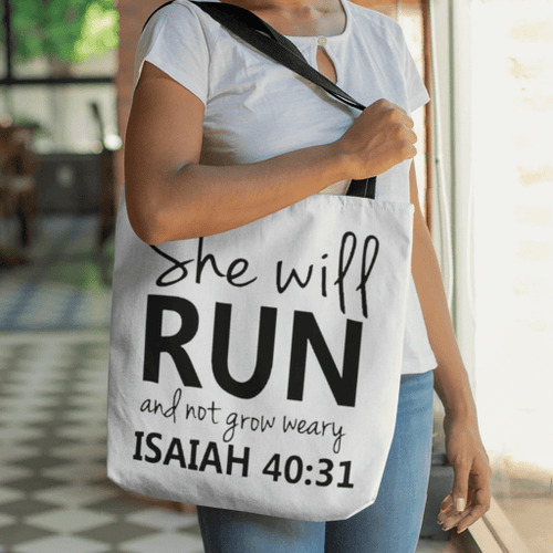 Isaiah 40:31 She will run and not grow weary tote bag - Jesus Tote bag, Christian Tote bag, Bible Tote bag - Spreadstore