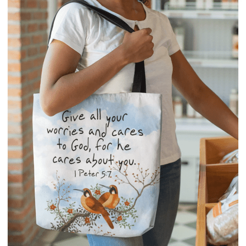 Give all your worries and cares to God, for he cares about you 1 Peter 5:7 tote bag - Jesus Tote bag, Christian Tote bag, Bible Tote bag - Spreadstore
