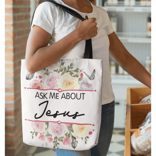 Ask me about Jesus tote bag - Jesus Tote bag, Christian Tote bag, Bible Tote bag - Spreadstore
