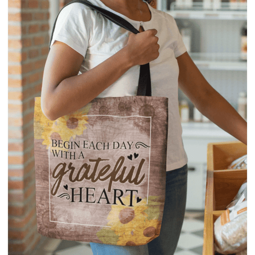 Begin each day with a grateful heart tote bag - Jesus Tote bag, Christian Tote bag, Bible Tote bag - Spreadstore