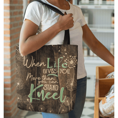When life gives you more than you can stand kneel tote bag - Jesus Tote bag, Christian Tote bag, Bible Tote bag - Spreadstore