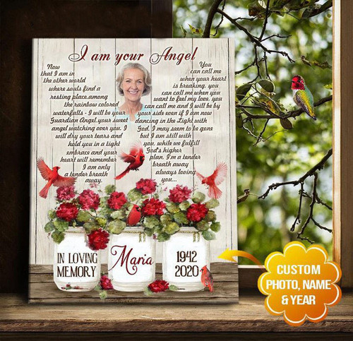 Custom Photo Memorial Gifts, Unique Sympathy Gifts, Cardinal Canvas - I Am Your Angel - Personalized Sympathy Gifts - Spreadstore