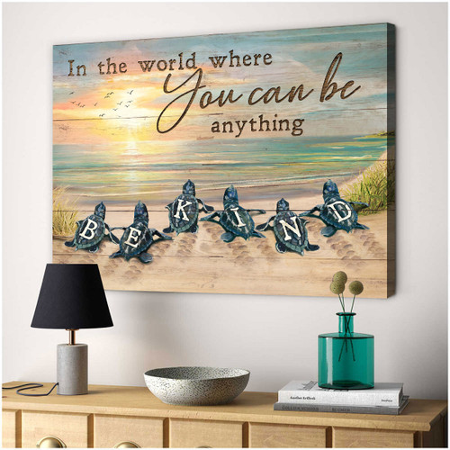 Sea turtle, Sunset on the beach, To the ocean, In the world where you can be, Be kind - Jesus Landscape Canvas Prints, Wall Art