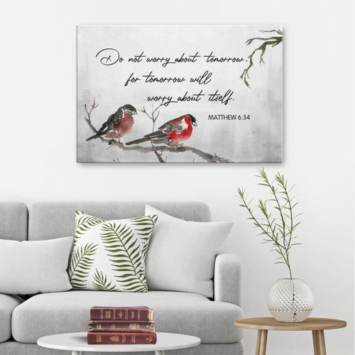 Matthew 6:34 do not worry about tomorrow Bible verse wall art Christian Canvas, Bible Canvas, Jesus Canvas Wall Art Ready To Hang