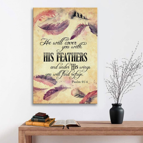 Psalm 91:4 NIV He will cover you with his feathers Scripture wall art Christian Canvas, Bible Canvas, Jesus Canvas Wall Art Ready To Hang, Canvas