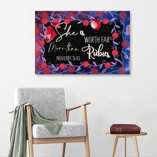 Proverbs 31:10 She is worth far more than rubies Christian wall art Christian Canvas, Bible Canvas, Jesus Canvas Wall Art Ready To Hang, Canvas