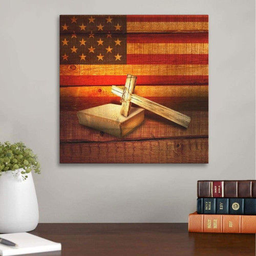 American Flag, Cross on Bible Christian Wall Art Christian Canvas, Bible Canvas, Jesus Canvas Wall Art Ready To Hang, Canvas Print