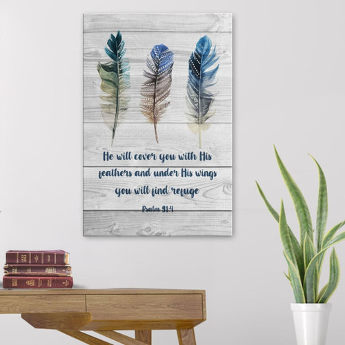 Bible verse wall art: Psalm 91:4 He shall cover you with his feathers Christian Canvas, Bible Canvas, Jesus Canvas Wall Art Ready To Hang, Canvas print