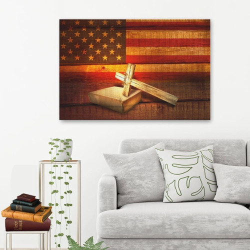 American flag with cross Holy Bible Christian Canvas, Bible Canvas, Jesus Canvas Wall Art Ready To Hang, Canvas print - Christian wall art